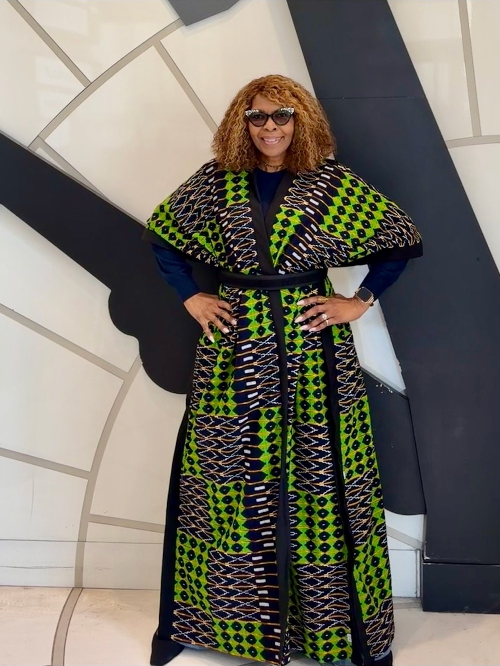 Hand Crafted Green and Black Patterned Maxi with Cape